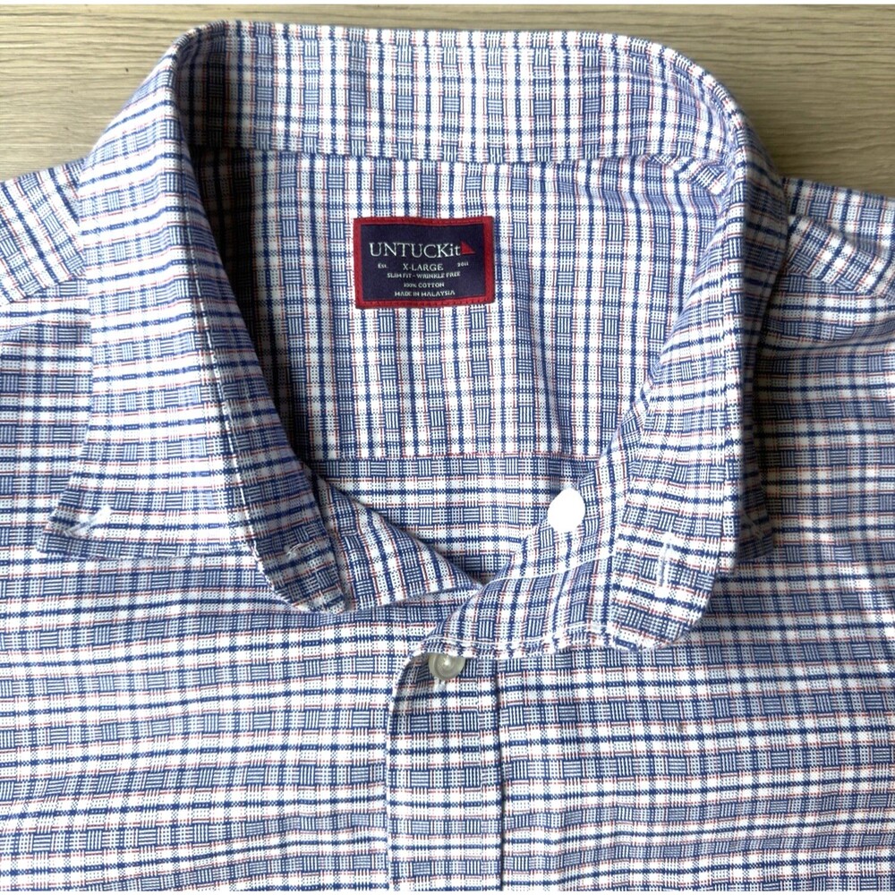 UNTUCKIT Shirt Mens XL Blue Plaid Slim Fit Short Sleeve Button Up Wrinkle Free